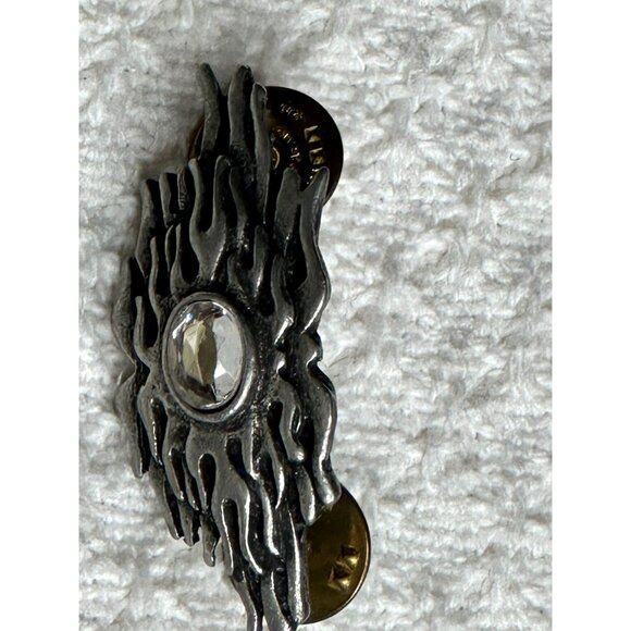 Flaming Sunburst Silver Tone Lapel Pin With Clear Gem Dual Clutches Motorcycle - Picture 2 of 6